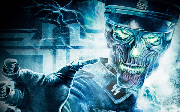 HD PC desktop wallpaper featuring a menacing electrified skeletal figure in Nazi uniform from the 2009 video game Wolfenstein.