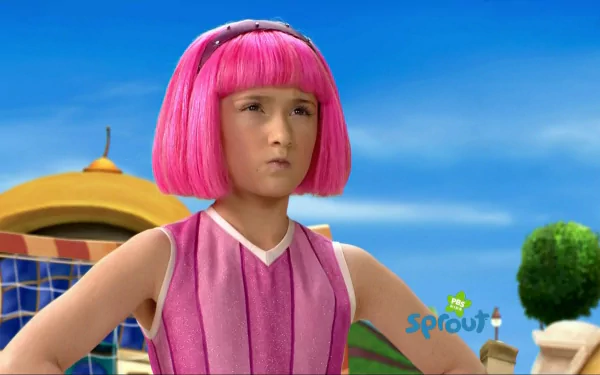 HD desktop wallpaper from the TV show LazyTown, featuring Stephanie with her signature pink hair and outfit against a bright, blue sky background.