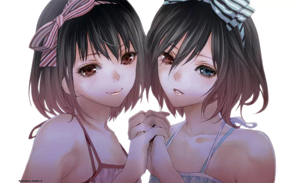 A high-definition wallpaper featuring Misaki Fujioka and Mei Misaki from the anime Another. The two characters are portrayed holding hands, exuding a mysterious and intriguing vibe.