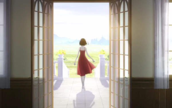 A serene HD wallpaper featuring Mei Misaki from the anime Another, capturing her walking through an elegant doorway into a sunlit landscape.