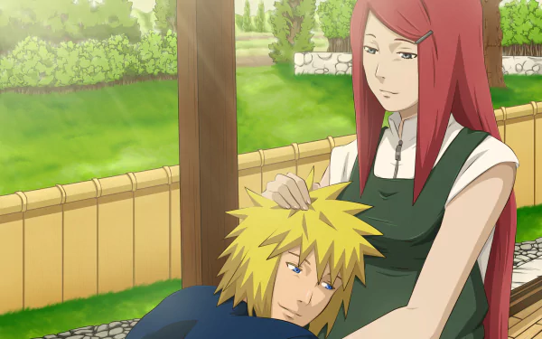 HD wallpaper featuring Minato Namikaze resting his head on Kushina Uzumaki's lap. The background shows a serene garden setting from the anime Naruto.