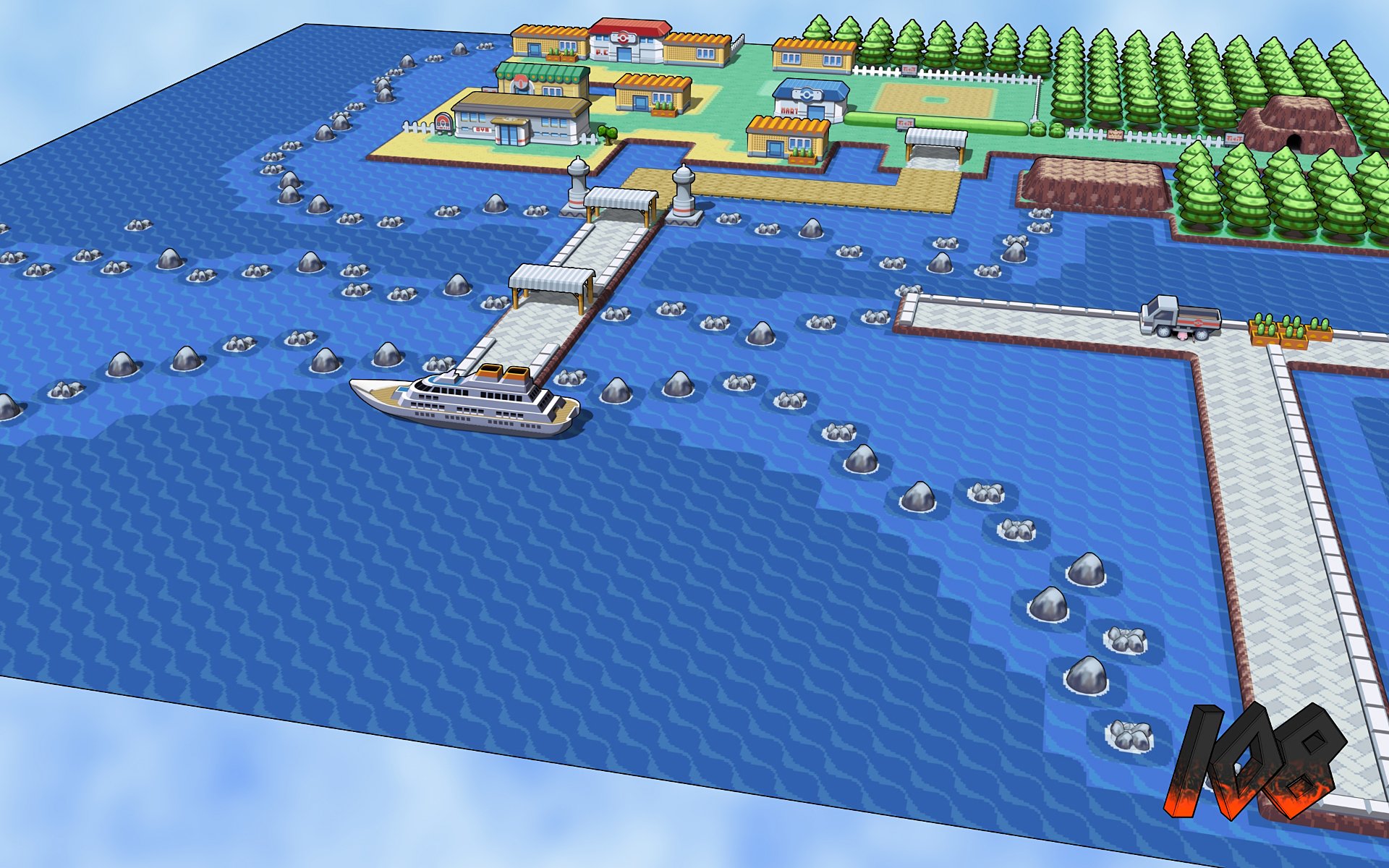 HD PC desktop wallpaper showcasing a detailed harbor scene from the video game Pokémon: FireRed and LeafGreen.