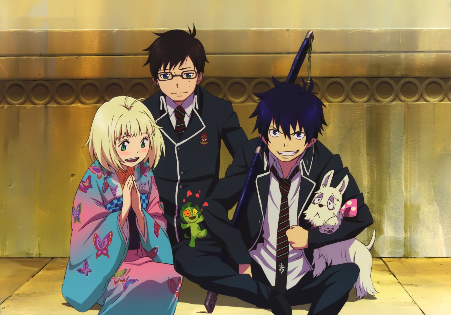 A vibrant 4K wallpaper featuring Shiemi Moriyama, Yukio Okumura, and Rin Okumura from Ao No Exorcist, along with their dog, capturing their colorful personalities and bond.