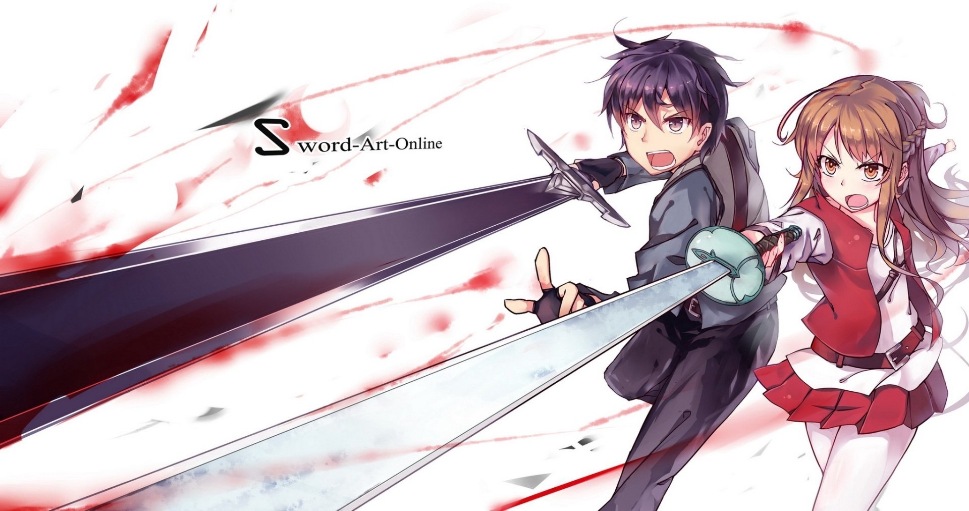 A vibrant HD wallpaper featuring Asuna Yuuki and Kirito from Sword Art Online, showcasing intense action with their swords drawn against a dynamic, artistic backdrop.