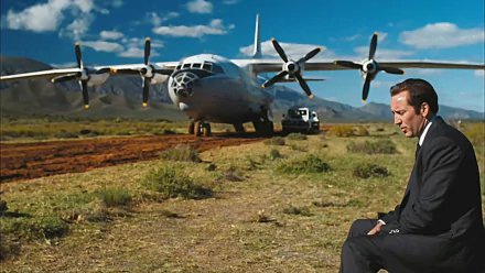 A contemplative Nicolas Cage sits in front of a large aircraft in a scene from Lord of War, showcasing a dramatic moment against a picturesque landscape. HD desktop wallpaper.