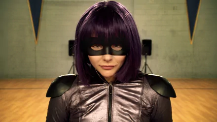 HD PC desktop wallpaper featuring Chloë Grace Moretz as Hit-Girl from the movie Kick-Ass, wearing her signature purple wig and black mask.