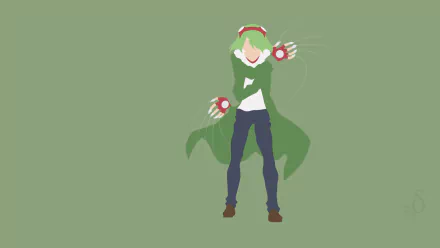 Minimalist HD desktop wallpaper featuring Lubbock from Akame ga Kill! with green hair, goggles, a coat, gloves, and a weapon, against a solid green background.