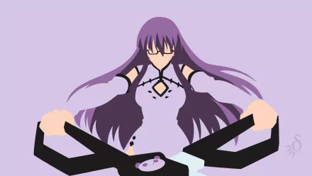 Minimalist HD desktop wallpaper featuring Sheele from Akame ga Kill! with glasses, long purple hair, and dressed in a purple dress while holding a weapon.