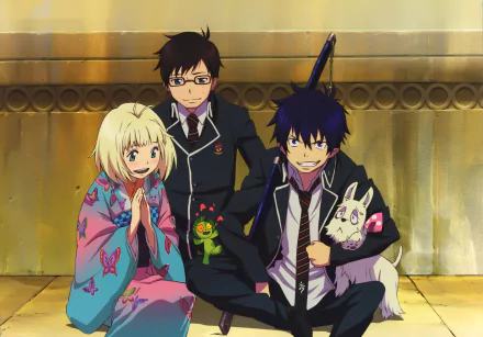 A vibrant 4K wallpaper featuring Shiemi Moriyama, Yukio Okumura, and Rin Okumura from Ao No Exorcist, along with their dog, capturing their colorful personalities and bond.