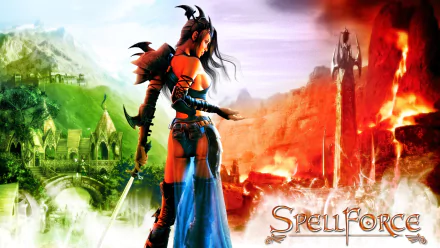 HD PC desktop wallpaper featuring a fiery armored female warrior with a sword from the video game SpellForce: The Order of Dawn.