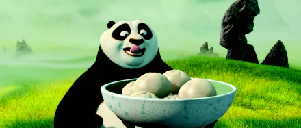 HD desktop wallpaper featuring Po from Kung Fu Panda 3, eagerly eying a bowl of dumplings with a lush green background.