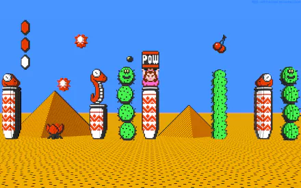 HD PC desktop wallpaper featuring a vibrant Super Mario Bros. 2 scene with desert pyramids, enemies, and classic game elements against a bright blue sky.