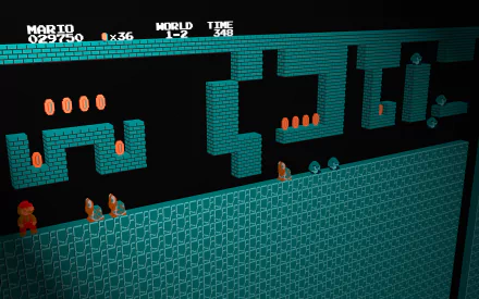 A high-definition 3D retro wallpaper featuring an 8-bit Mario from the Nintendo video game Super Mario Bros. Mario is navigating through a classic level with brick structures and collecting coins.