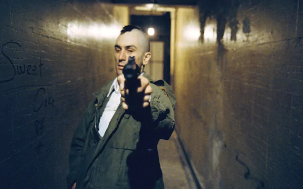 A striking HD wallpaper featuring Robert De Niro as Travis Bickle in *Taxi Driver*, iconic for its intense atmosphere and memorable character portrayal.