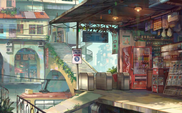 A vibrant anime scene featuring a bustling shop amidst architectural details and staircases, serving as a captivating HD PC desktop wallpaper and background.