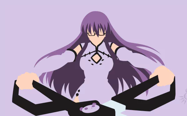 Minimalist HD desktop wallpaper featuring Sheele from Akame ga Kill! with glasses, long purple hair, and dressed in a purple dress while holding a weapon.
