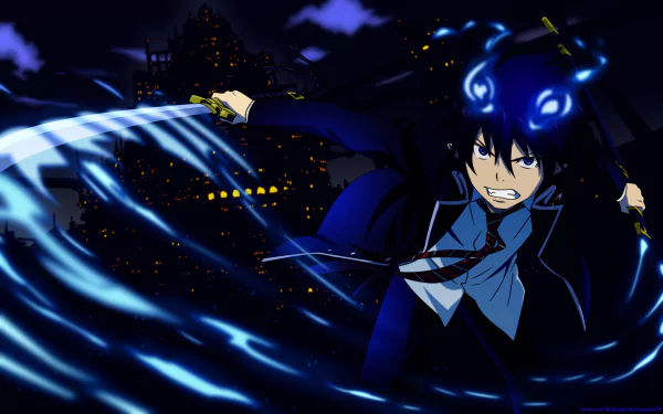 Rin Okumura from Ao No Exorcist wields a glowing sword amidst a dark cityscape in this HD wallpaper, capturing the essence of Blue Exorcist's dynamic action and atmosphere.