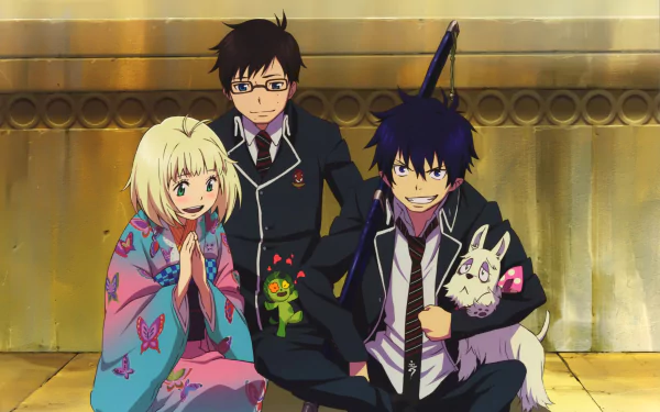 A vibrant 4K wallpaper featuring Shiemi Moriyama, Yukio Okumura, and Rin Okumura from Ao No Exorcist, along with their dog, capturing their colorful personalities and bond.