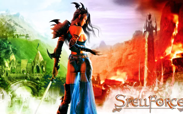 HD PC desktop wallpaper featuring a fiery armored female warrior with a sword from the video game SpellForce: The Order of Dawn.