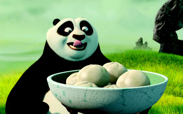 HD desktop wallpaper featuring Po from Kung Fu Panda 3, eagerly eying a bowl of dumplings with a lush green background.