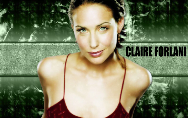 HD PC wallpaper: close-up of a woman in a red camisole against a green textured backdrop, overlaid with the text CLAIRE FORLANI. I don't know who this is.