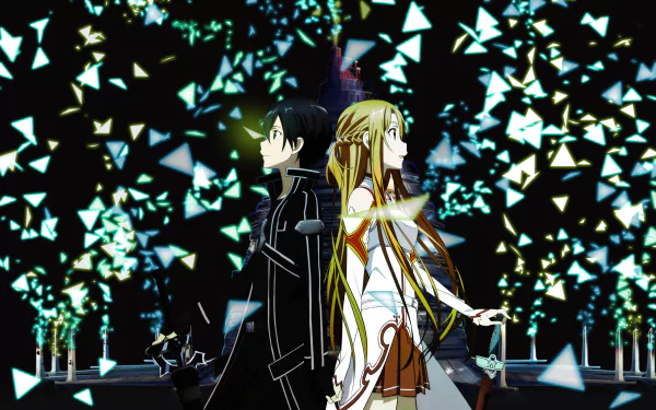A vibrant HD wallpaper featuring Asuna Yuuki and Kirito from Sword Art Online, set against a dynamic background of colorful geometric shapes and patterns.