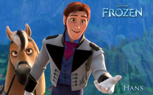 A vibrant 4K Ultra HD wallpaper featuring Hans from Disney's Frozen, smiling and extending his hand, alongside a horse, set against a picturesque backdrop.
