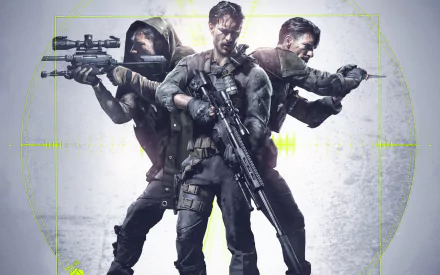 HD PC desktop wallpaper featuring three armed soldiers from the video game Sniper: Ghost Warrior 3 in a tactical pose with sniper rifles and combat gear.