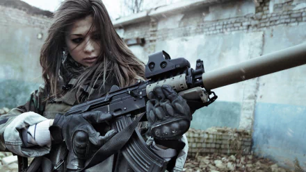 A woman in tactical gear focuses on her firearm, surrounded by an urban backdrop. This HD image reflects strength and intensity, suitable for desktop wallpaper and backgrounds.