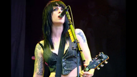 Brody Dalle of The Distillers performing live, captured in a high-definition music-themed desktop wallpaper.