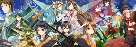 HD desktop wallpaper of Sword Art Online featuring characters Sakuya, Recon, Leafa, Kirito, Asuna Yuuki, Silica, Lisbeth, and Suguha Kirigaya against a vibrant background.