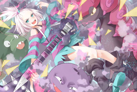 HD wallpaper featuring Roxie from Pokémon: Black and White 2 playing guitar, surrounded by Homika, Koffing, and vibrant, colorful effects.
