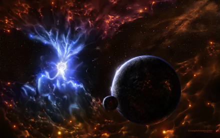 HD Sci-Fi desktop wallpaper showcasing a cosmic landscape with glowing blue nebula, dark planets, and fiery red-orange space clouds.