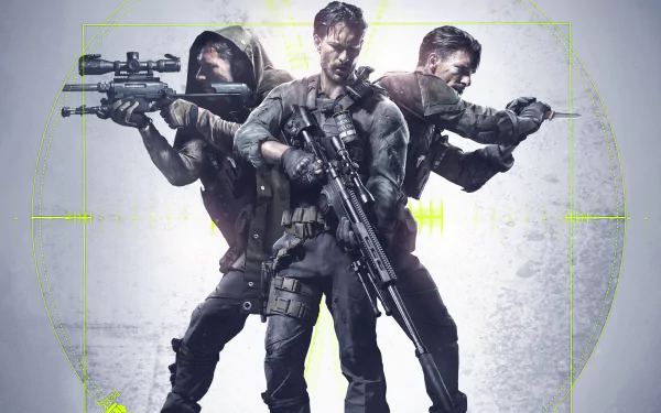 HD PC desktop wallpaper featuring three armed soldiers from the video game Sniper: Ghost Warrior 3 in a tactical pose with sniper rifles and combat gear.