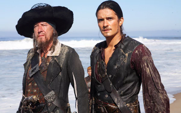 Will Turner Orlando Bloom Hector Barbossa Geoffrey Rush movie Pirates Of The Caribbean: At World's End HD Desktop Wallpaper | Background Image