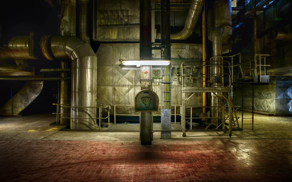 An abandoned industrial factory interior, featuring metallic structures and pipes, illuminated by overhead lights, capturing the essence of a defunct power plant.