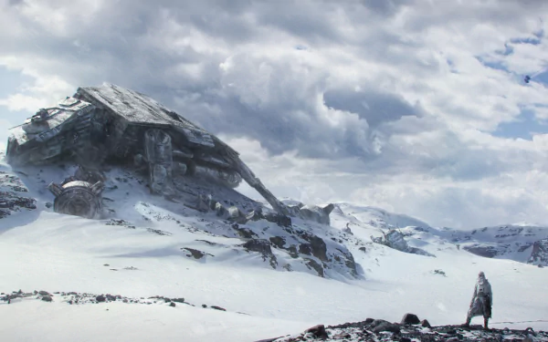 A stunning HD wallpaper showcasing Hoth from Star Wars, featuring a dramatic landscape with an AT-AT Walker amidst snow-covered mountains under a cloudy sky.