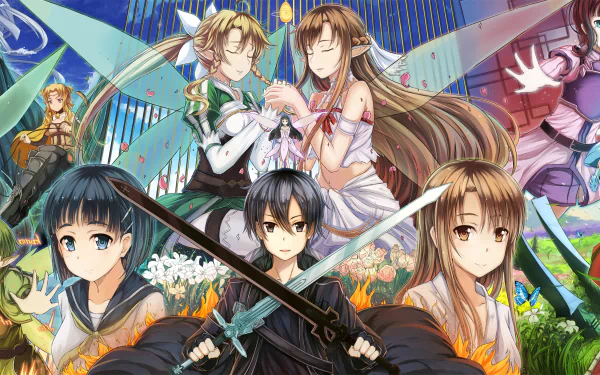 HD desktop wallpaper of Sword Art Online featuring characters Sakuya, Recon, Leafa, Kirito, Asuna Yuuki, Silica, Lisbeth, and Suguha Kirigaya against a vibrant background.