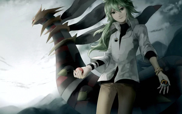 N stands confidently with his Giratina, embodying a powerful duo from Pokémon: Black and White. This HD wallpaper captures their striking presence in a dramatic landscape.