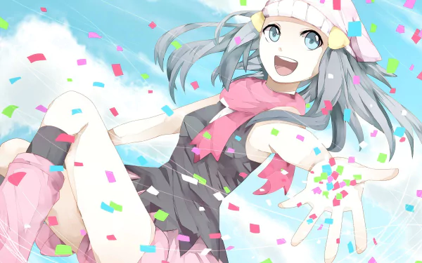 Dawn from Pokémon: Diamond and Pearl joyfully throws colorful confetti against a bright blue sky, captured in this vibrant HD desktop wallpaper.