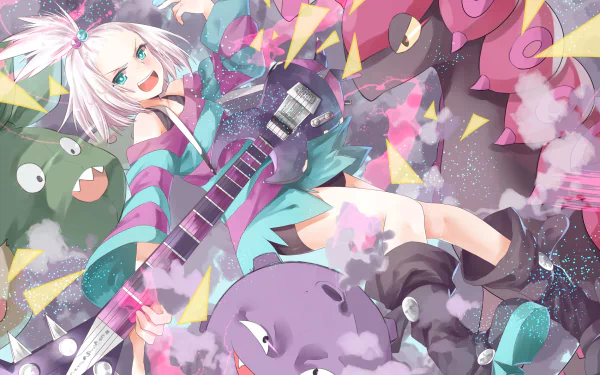 HD wallpaper featuring Roxie from Pokémon: Black and White 2 playing guitar, surrounded by Homika, Koffing, and vibrant, colorful effects.