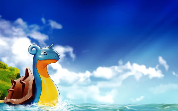 A vibrant HD wallpaper featuring Lapras, the beloved Pokémon, gracefully emerging from water under a clear blue sky, capturing a serene and adventurous anime scene.