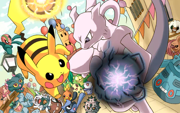 HD wallpaper featuring Pikachu, Mewtwo, Riolu, and Piplup in an anime-style Pokémon battle, with vibrant colors and dynamic action.