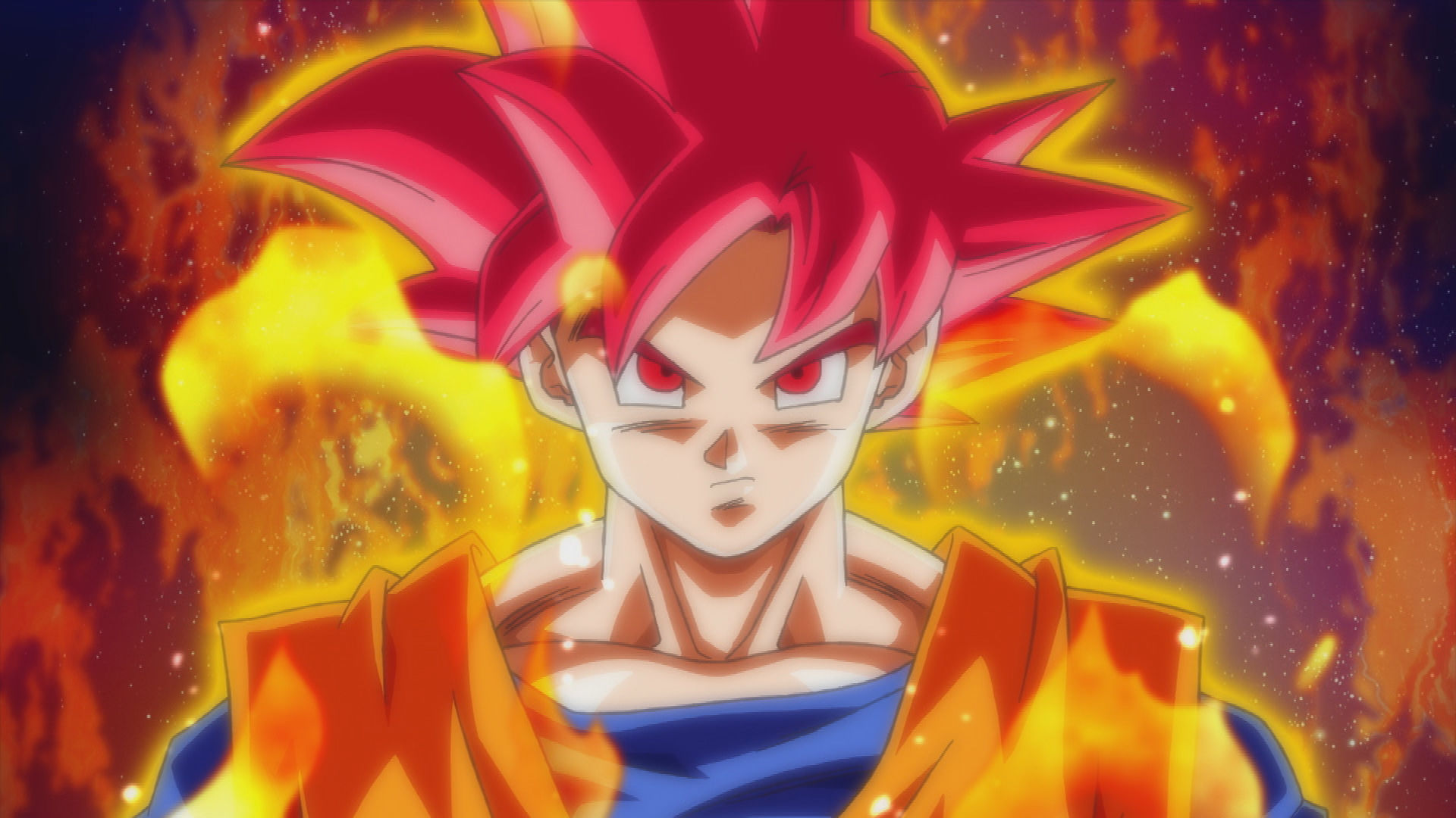 HD Dragon Ball Super wallpaper featuring Goku with Super Saiyan God red hair and aura against a fiery background.