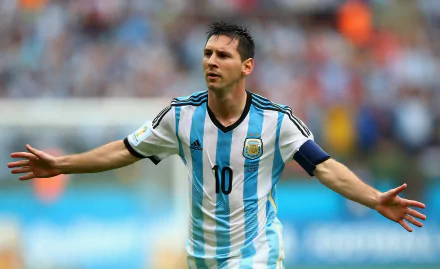 Lionel Messi in action, celebrating on the field in his Argentina jersey, arms outstretched. HD desktop wallpaper and background, tagged with Sports.