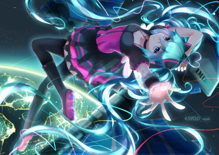 HD desktop wallpaper featuring Hatsune Miku from the Vocaloid series, with intricate anime art style. She is depicted floating with vibrant, flowing hair and a dynamic background, creating an energetic visual.