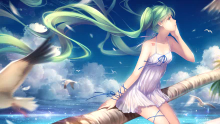 Anime character Hatsune Miku with long green hair and green eyes, wearing a white dress, sits on a beach looking out toward the ocean. Seagulls and clouds fill the sky. HD desktop wallpaper and background.