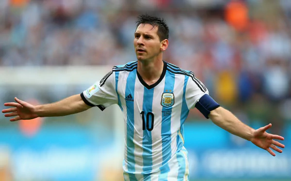 Lionel Messi in action, celebrating on the field in his Argentina jersey, arms outstretched. HD desktop wallpaper and background, tagged with Sports.