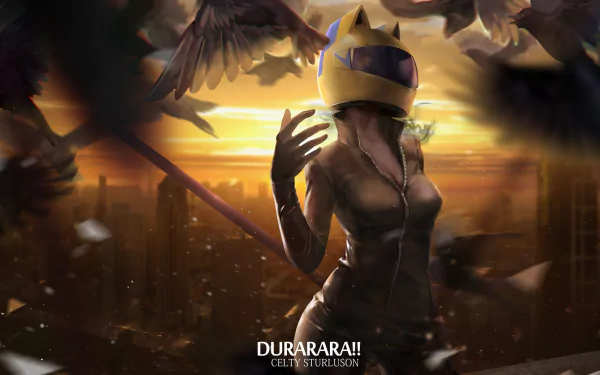 A stunning HD wallpaper featuring Celty Sturluson from Durarara!! standing against a dramatic sunset, surrounded by flying crows, capturing a dynamic and vibrant atmosphere.