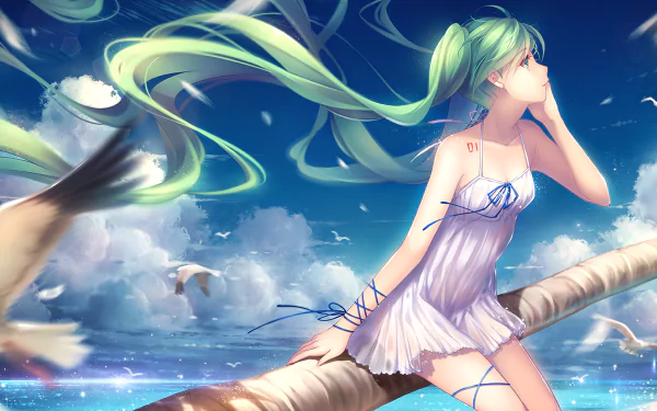 Anime character Hatsune Miku with long green hair and green eyes, wearing a white dress, sits on a beach looking out toward the ocean. Seagulls and clouds fill the sky. HD desktop wallpaper and background.